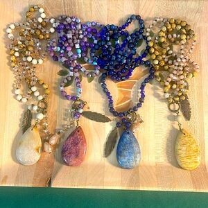 Bohemian Style Beaded Necklace w/ jewel and feather pendant